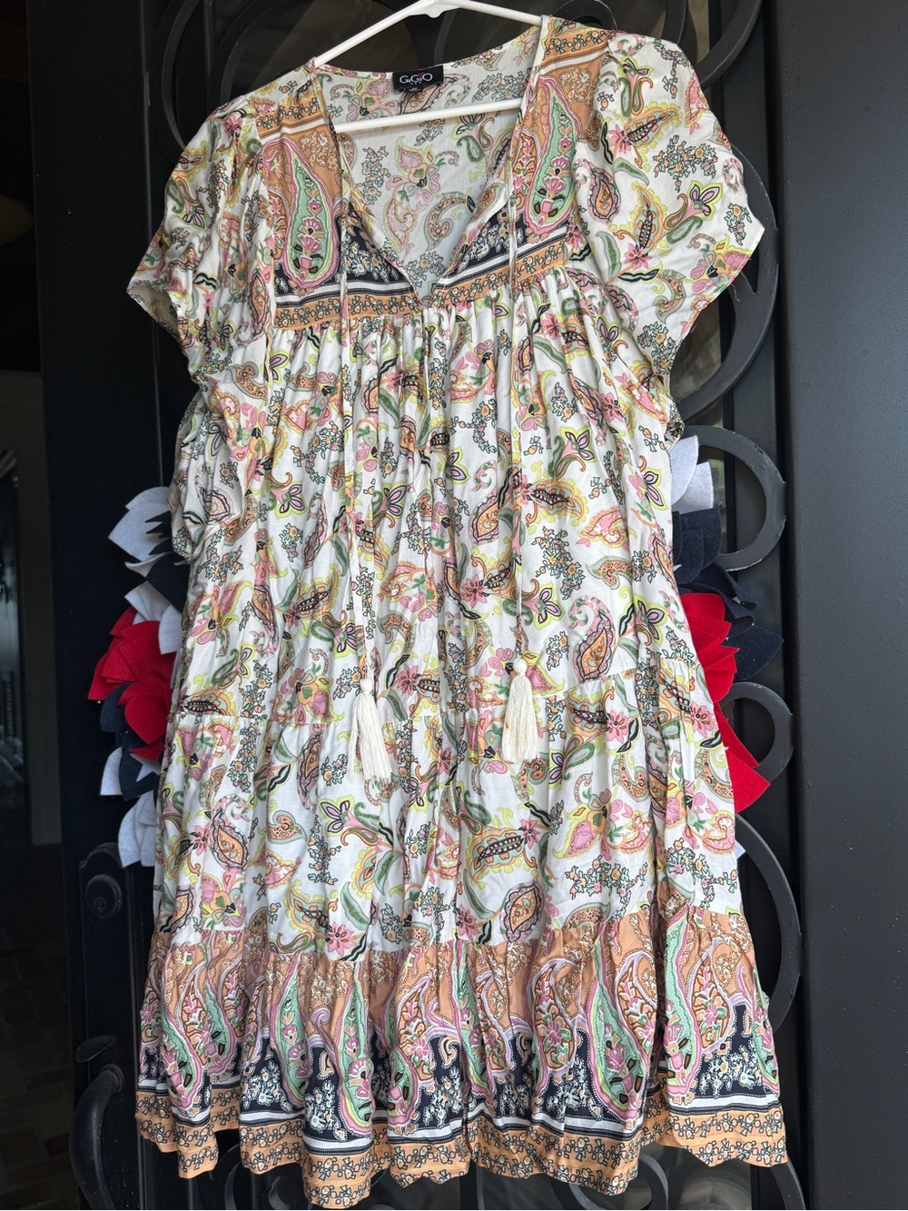 Gigio Geo Paisley Boho Tunic Dress in Cream, Pink & Green